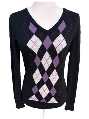 Vintage Merona Argyle Sweater Black Purple Diamond Pattern Y2K Women’s Small